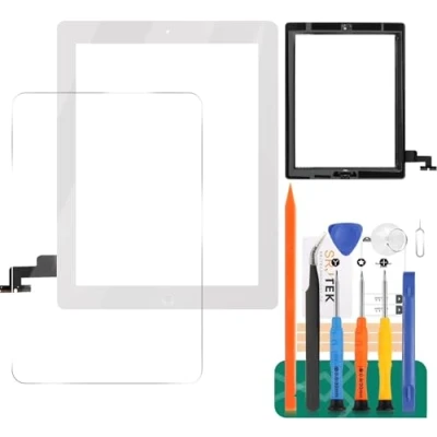 Imagen de srjtek Reemplazo de pantalla para iPad 2 A1395 A1396 A1397 Kits ensamblaje vidrio digitalizador táctil Botón inicio + Soporte camello Bisel marco intermedio (Blanco)