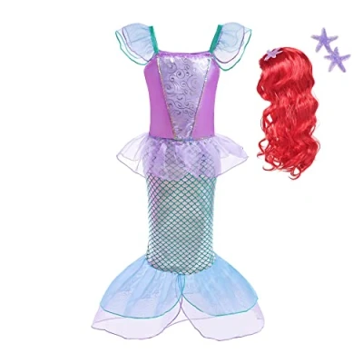 Imagen de Lito Angels Disfraz Sirenita Vestido Sirena Princesa Ariel con Peluca de Pelo para Niñas Pequeñas, Talla 2 3 años, Púrpura (Número etiqueta 100)
