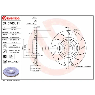 Imagen de BREMBO 09.D763.11 Disco de freno 370 32 5 ventilación interna revestido altamente carbonizado con tornillos
