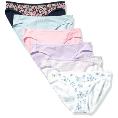 Imagen de Amazon Essentials Braguita de Bikini algodón (Disponible en Tallas Grandes) Mujer, Pack 6, Azul/Blanco Floral Pequeño/Lila/Negro Floral/Rayas/Rosa, 46