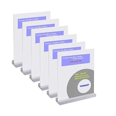 Imagen de TUKA 6x Acrílico A5 Menu Soporte Doble Cara, Forma T con Base Acrílica, Soportes de Sobremesa para Carteles Menús Promociones Porta Carteles. Transparente Expositor Mesa, Vertical TKD8207