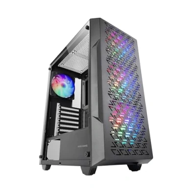 Imagen de MARSGAMING MC Geo, Caja Gaming ATX, 4X Ventiladores FRGB Rainbow 12cm, Panel Frontal Mesh Geométrico, Ventana Lateral Cristal Templado, Semitorre PC Doble Cámara, Soporte Refrigeración Líquida, Negro