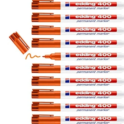 Imagen de edding 400 marcador permanente naranja 10 rotuladores punta fina redonda 1 mm resistente al agua, de secado rápido, indelebles para cartón, plástico, madera, metal, vidrio