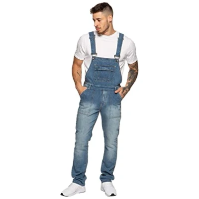 Imagen de Enzo Men&#039;s EZD390 VEN Denim Dungarees Overalls, Light Stonewash, 46