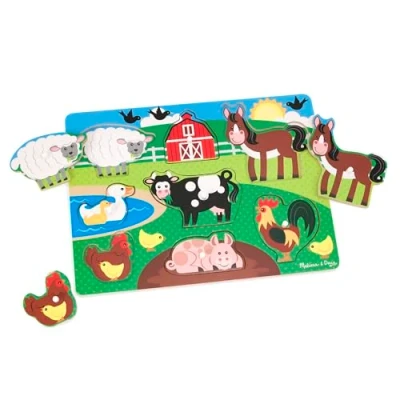 Imagen de Melissa &amp; Doug Rompecabezas de encastre madera, Animales granja, Juego clásico educativo, Juguetes Juguete desarollo y aprendizaje para niños niñas 2 a 4 años