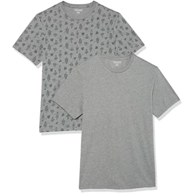 Imagen de Amazon Essentials Camiseta de Manga Corta, Cuello Redondo y Corte Ajustado Hombre, Pack 2, Gris Cactus/Mezcla, S