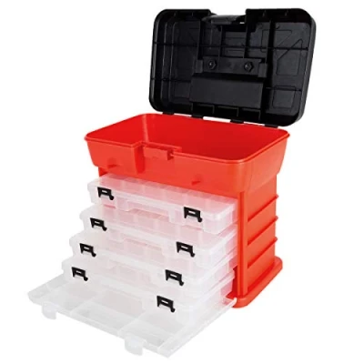 Imagen de Stalwart Caja de herramientas almacenamiento, organizador portátil multiusos con compartimento superior principal y 4 bandejas extraíbles multicompartimento, rojo, 11 x 7 10 pulgadas