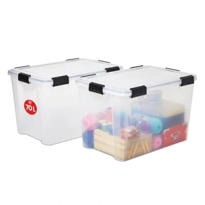 Imagen de Iris Ohyama 2 Cajas herméticas de plástico con tapa y cierres a presión, 70L, Transparente, sello impermeable, apilables, antipolvo, para ropas, camping, exteriores, cubo almacenaje, box, AT LD