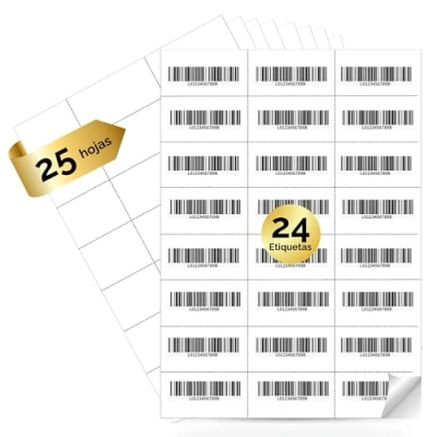 Imagen de MARCPRINT 210 x 297 mm Papel Pegatina para Imprimir A4 Hojas Adhesivo Etiqueta por Hoja de (25 Hojas, 24 etiquetas/hoja)