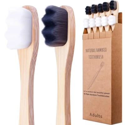 Imagen de ECOETBOO Cepillos de dientes micro nano bambú, cepillo extra suave con 20000 cerdas diseñadas para encías sensibles niños adultos (negro blanco 10P)