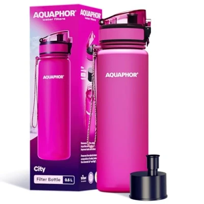 Imagen de AQUAPHOR City Bottle 500ml rosa I botella filtrante para llevar filtro con carbono activo filtra cloro y contaminaciones hecho de tritan libre BPA un mejor sabor olor del agua