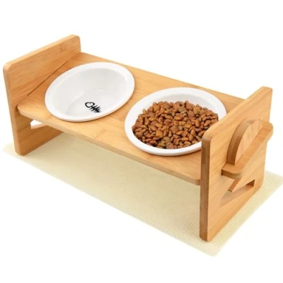 Imagen de Comedero Gato,Comederos para Gatos Elevado Cuenco de Cerámica Comederos y Bebederos Gato Perro, Regulable en Altura con Elegante Soporte bambú Antideslizante Manteles