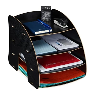 Imagen de Relaxdays Almacenamiento Bandeja Documentos MDF para A4, 4 Compartimentos, Organizador Oficina, Color Negro, Tablero de Fibras, 27 x 25,5 34,5 cm Aprox