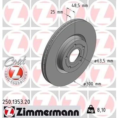 Imagen de ZIMMERMANN COAT Z 250.1353.20 Disco de freno 300 25 5/5 5 108 ventilación interna revestido FORD: Focus 2, 3, C Max, VOLVO: S40 II