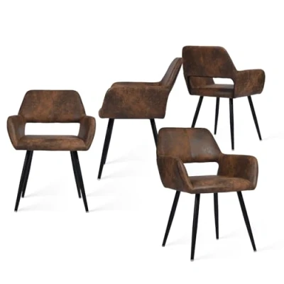 Imagen de MEUBLE COSY Juego de 4 Sillas Comedor Vintage Retro Sillón Tapizado en Gamuza con Reposabrazos Patas Metálicas para Cocina Salón, Marrón, 56x56x78cm, Unidades