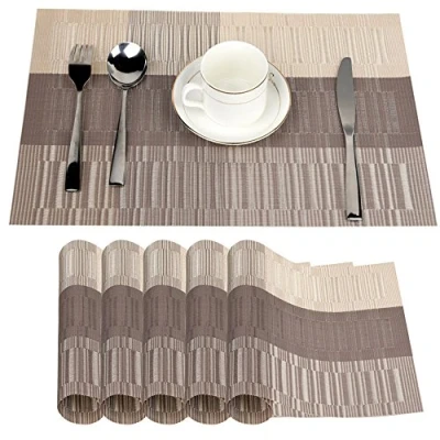 Imagen de Fontic 6 Unidades 30x45cm Manteles Individuales Antideslizante de PVC Mantelitos Antidesgaste y Lavable Resistente Al Calor Fácilmente Almacenado (Dorado Claro)