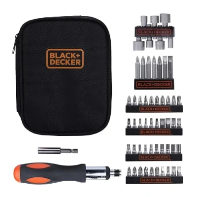 Imagen de BLACK+DECKER Kit de 56 piezas para atornillar en estuche, incluye destornillador tipo carraca reversible, 40 puntas 25mm, 7 50mm, llaves vaso hexagonal, adaptador magnético, A7104