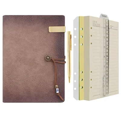 Imagen de Wonderpool Carpeta de anillas cuero para diario, cuaderno papel recargable con forro escritura, 6 anillos blocs notas viajes oficina y agenda planes (a Marrónrosa, A5)