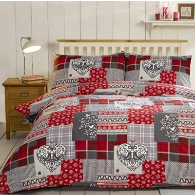 Imagen de Navidad Patchwork 100% algodón Cepillado Franela corazón Colcha de edredón y Funda Almohada Juego Ropa Cama, Rojo/Multicolor, único