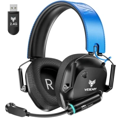 Imagen de WESEARY WG4 Cascos Gaming Inalambricos, Auriculares de 2.4G para PS5, PS4, PC, Switch, Mobile, Sonido Estéreo con Microfono, da Luz LED, Duración 45Hr+
