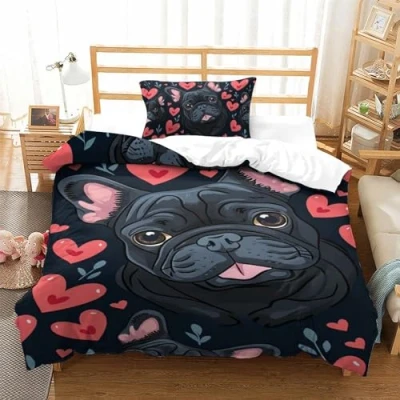 Imagen de Bulldog francés Juego De Ropa Cama con Impresión En 3D 2 Piezas, Funda para Edredón Cremallera, Microfibra Suave Nordica Fundas Almohada Single（135x200cm）