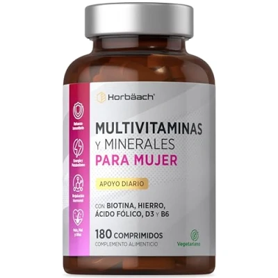 Imagen de Multivitaminas Mujer 180 Comprimidos Vegetarianos Energía Equilibrio Hormonal Immunidad Pelo Piel y Uñas Huesos con Hierro, Vitamina B6, Biotina más! Horbaach
