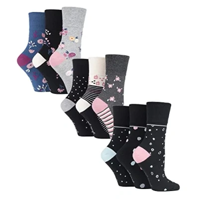 Imagen de Gentle Grip Paquete de 9 pares calcetines algodón para mujer, no elásticos, suaves, con patrón rayas, vinculantes, Floral Spot, 4 8