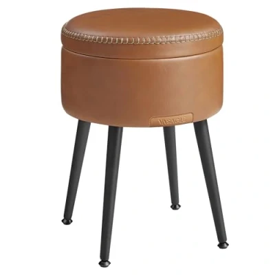 Imagen de VASAGLE EKHO Colección Puff Almacenaje, Taburete de Tocador, Piel Sintética con Costura, Moderno Siglo Mediado, Asiento Redondo Almacenaje Patas Acero, Carga 150 kg, Marrón Caramelo LOM005K01