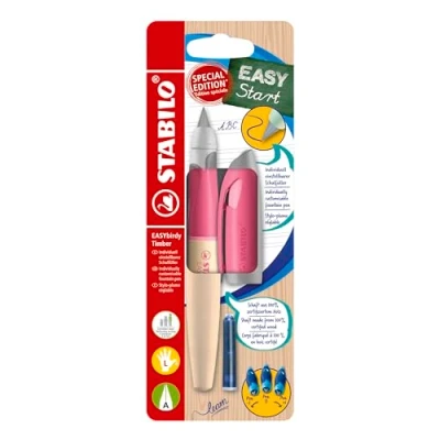 Imagen de STABILO pluma estilográfica escolar ergonómica para zurdos con principiante A Easybirdy Timber en rosa Incluye cartucho