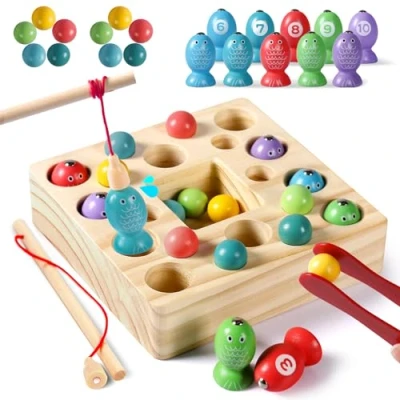 Imagen de Juguetes de Pesca para Niños 3 IN 1 Magneticos Madera 10 Pescados y Bolas Puzzle Juegos Mesa Educativos Regalos 4 5 6 Años