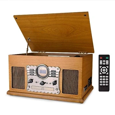 Imagen de Tocadiscos Retro con Altavoz, Radio FM/Dab, Reproductor de CD, grabadora casetes, Bluetooth, reproducción y grabación USB/SD, Vinilo diseño Vintage