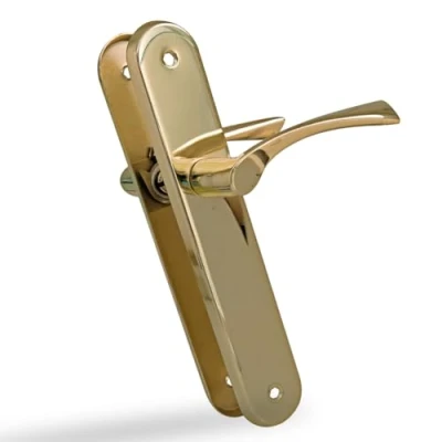 Imagen de Amig Juego de 2 Manillas Placa Ovalada Acero y Tirador Zamak con Acabado Latonado Barnizado para Puertas Paso Interior 237 x 40 mm · Manivela 120 Incluye Tornillos