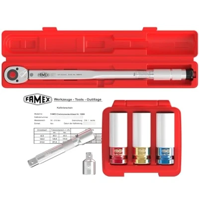 Imagen de FAMEX 10886 3N KS Llave dinamométrica 1/2&quot; (12,5 mm) 30 210 Nm con certificado de calibración Juego ahorro inserciones suaves para tornillos rueda coches y furgonetas
