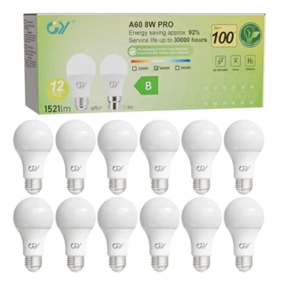 Imagen de GY 8W Bombillas Led E27 4000K Luz Blanca Neutra, Equivalente a 100W, 1521 Lúmenes, No Regulable, A60 Bombilla Bajo Consumo Pack de 6