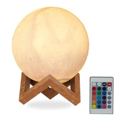 Imagen de Relaxdays Lámpara de luna 3D, 16 colores, Ajustable, Táctil, Inalámbrica, Con soporte, 15 cm, Blanco