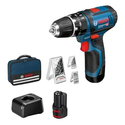 Imagen de Bosch Professional 12V System GSB 15 Taladro percutor a batería (30 Nm, 1300 rpm, 2 baterías x 2.0 Ah, set 39 accesorios, en maletín de lona) Amazon Exclusive