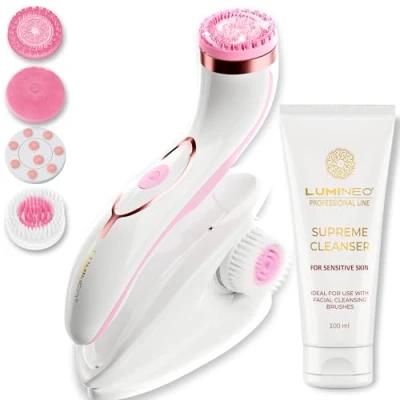 Imagen de Lumineo PRO limpieza facial profunda, cepillo con 4 accesorios, USB C, IPX6 resistente al agua, gel limpiador a juego para pieles sensibles (rosa)