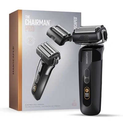 Imagen de Afeitadora de hoja The Chairman™ PRO MANSCAPED® Dos cabezales intercambiables, cabezal con 4 cuchillas SkinSafe® y recortado, Carga USB C o inalámbrica, Bloqueo seguridad