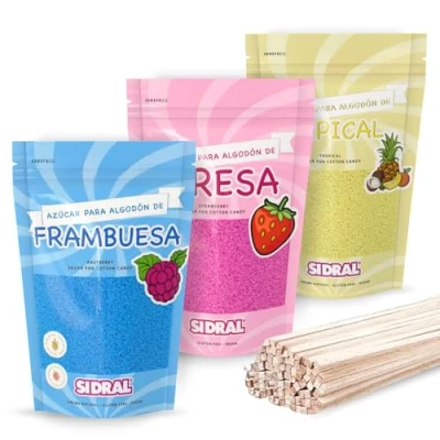 Imagen de SIDRAL Azucar para Máquina Algodón (3 x 250 gr) con 50 Palitos Reciclables Degustación Lote de 3 Sabores (Fresa, Frambuesa y Tropical), Azúcar Ideal Fiestas