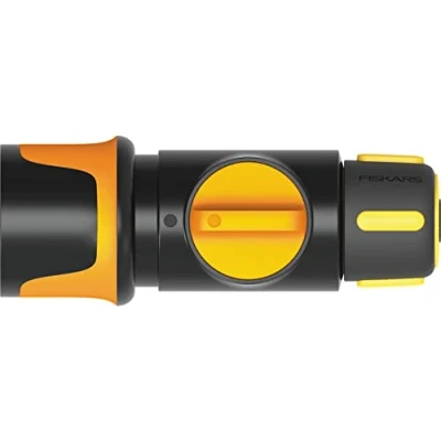 Imagen de Fiskars Conector de manguera, Tamaño universal, Ø 9 mm (3/8&quot;), Puntos contacto SoftGrip, 60 g, Negro/Naranja/Amarillo, On/Off, 1027085