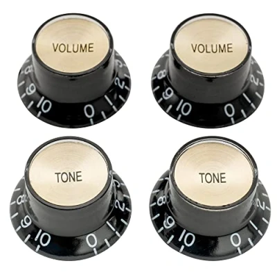 Imagen de Musiclily Pro Tamaño Métrico 18 Splines Botones de Potenciómetros Reflector 2 Volumen Tono Perillas Set para Asia Import Guitarra o Bajo Split Shaft Pots, Negro con Oro Top