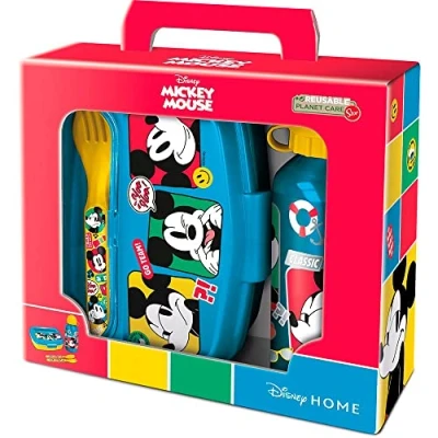 Imagen de Set de botella aluminio 400 ml y fiambrera con cubiertos Mickey Mouse