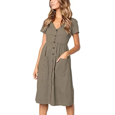 Imagen de Vestido Verano Mujer Midi Vestidos Casual Botones Cuello en V de Manga Corta Línea A con Bolsillos S XL,