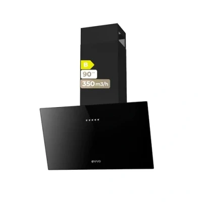 Imagen de EVVO Campana Extractora 60cm Decorativa, Potencia 350 m3/h, Filtro 3 Capas Aluminio y Carbón Activo, Luz LED, Velocidades, Eficiencia energética B, Acabado Cristal Negro