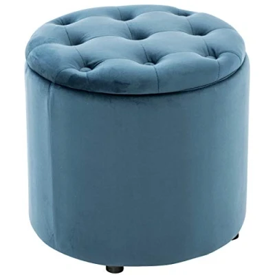 Imagen de Puff De Almacenaje Redondo Pantin I Otomana Salón Tapizada En Terciopelo Taburete Reposapiés Almacenamiento Color:, Color:Azul