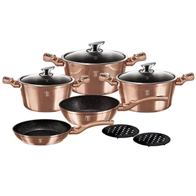 Imagen de Berlinger Haus Rose Gold Batería Cocina Inducción 10 Piezas, Antiadherente Mármol sin PFOA, Aluminio, Set 3 Cazuelas, Tapas Cristal, 2 Sartenes, Salva Manteles, Diseño Metallic, Vitrocerámica