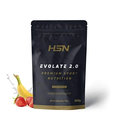 Imagen de Aislado de Proteína Suero HSN Evolate 2.0 Sabor Fresa Plátano 500 g = 16 Tomas por Envase Whey Protein Isolate CFM + Enzimas Digestivas No GMO, Vegetariano, Sin Gluten ni Soja