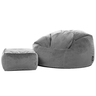 Imagen de Icon Aurora Puff con Reposapies, Suaves y Cómodos Tela de Terciopelo, Relleno Includio, Butaca Dormitorio, Salon, Mueble Ideal para Salón Gris Carbón