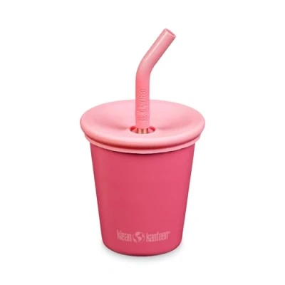 Imagen de Klean Kanteen Taza infantil de acero inoxidable 10 onzas con tapa pajita antiderrame, color rosa