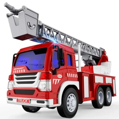 Imagen de TOYABI Camion Bomberos Juguete, Camiones de 1:16 Fricción Camión Bomberos, con Escalera Rescate Extensible, Luces y Sonidos, Se Puede Girar 360 Grados, Regalos para Niños